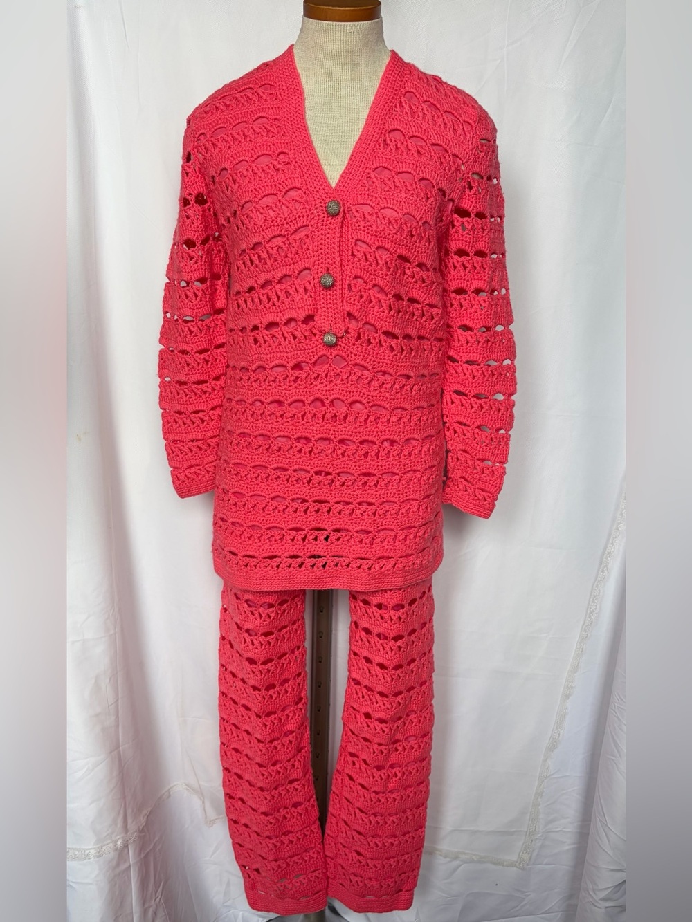 Vintage 70s Crochet Pants Set Coral Pink Tunic Top Bell Bottoms 2 Piece Mod